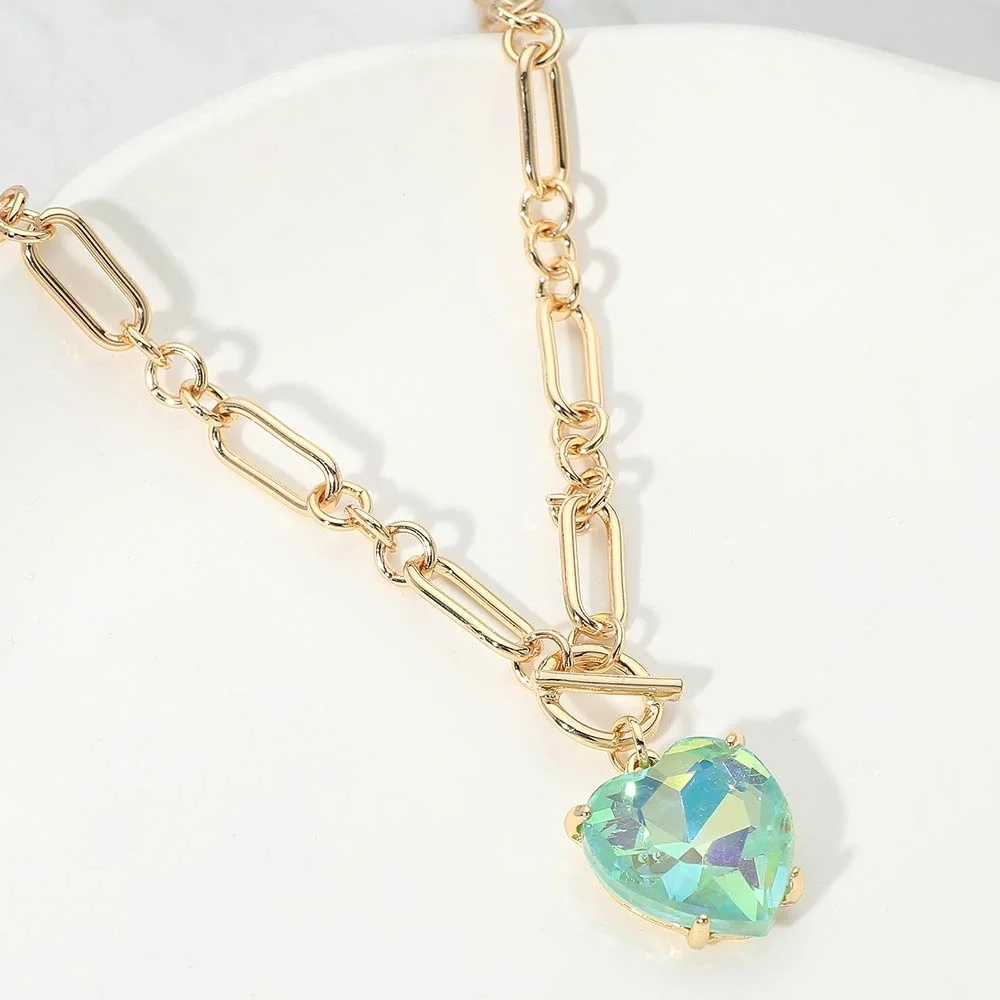Ab Mint Heart Toggle Paperclip Link Crystal Pendant Necklace Gold Jewelry Chain